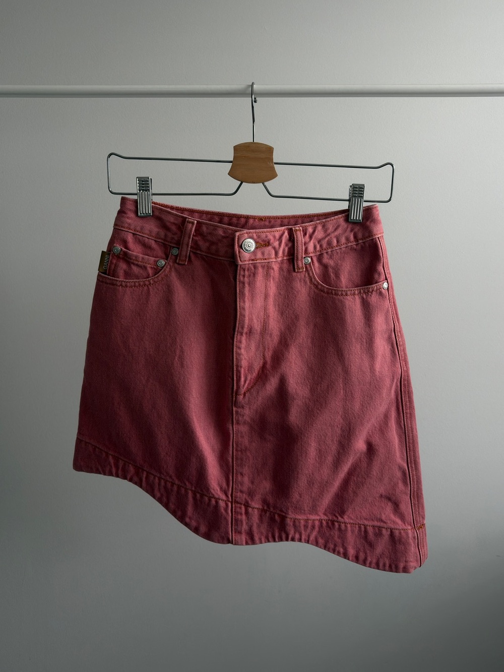GANNI Pink Asymmetric Denim Miniskirt